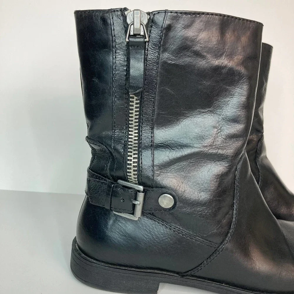 Nine West Black Leather Moto Style Biker Boots Women's Size 8M Buckle Zipper - Picture 3 of 16